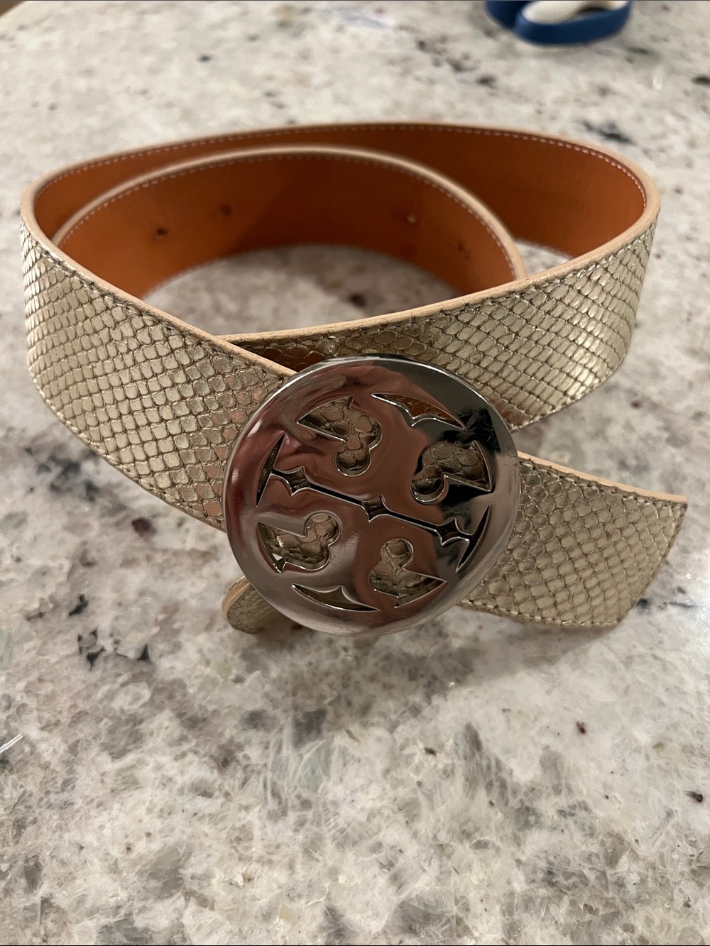 Tory Burch Metallic Gold Textured Leather Belt with Logo Buckle Reversible
